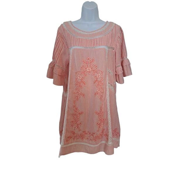 Free People Dresses & Skirts - Free People Sz M Sunny Day Dress Coral Striped Embroidered Ruffles Babydoll Boho